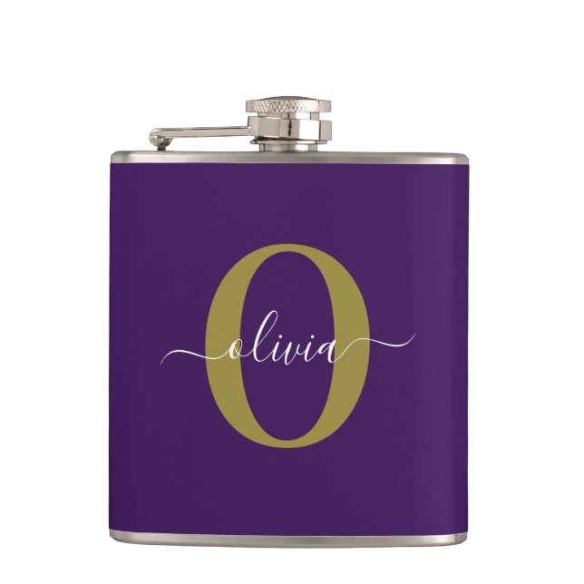 Customised Monogram Script Name Purple White Gold Hip Flask (Front)