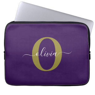 Customised Monogram Script Name Purple White Gold Laptop Sleeve
