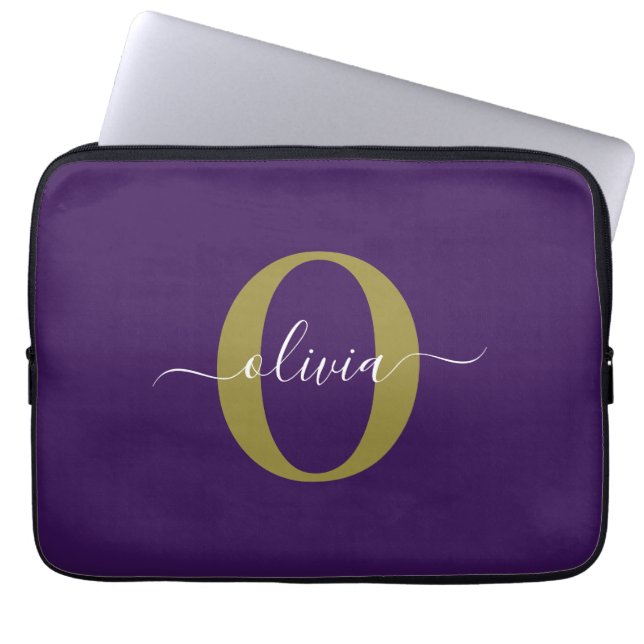Customised Monogram Script Name Purple White Gold Laptop Sleeve (Front)