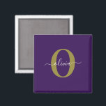 Customised Monogram Script Name Purple White Gold Magnet<br><div class="desc">This elegant monogram and stylish script name design can be given as a gift for any occasion. It can be personalised with the person's initial and name. You can change the font, font colour, font size and background colour using the Design Tool. The font size will need to be reduced...</div>