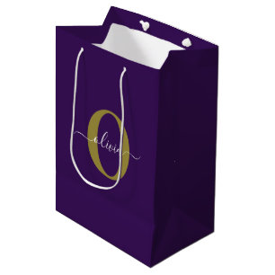 Customised Monogram Script Name Purple White Gold Medium Gift Bag