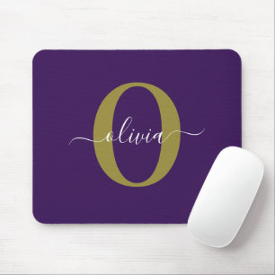 Customised Monogram Script Name Purple White Gold Mouse Pad