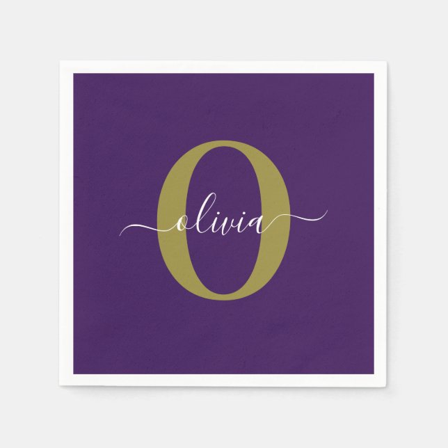 Customised Monogram Script Name Purple White Gold Napkin (Front)