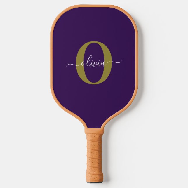 Customised Monogram Script Name Purple White Gold Pickleball Paddle (Front)