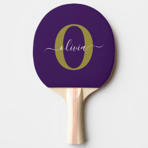 Customised Monogram Script Name Purple White Gold Ping Pong Paddle