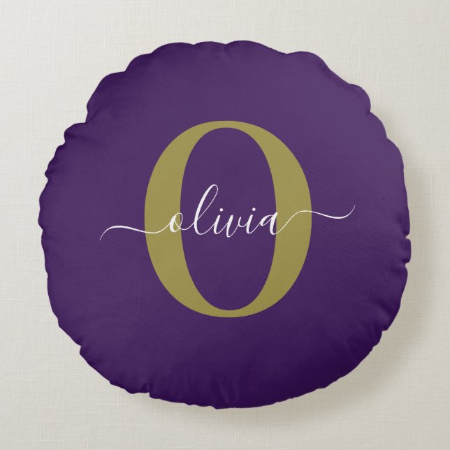 Customised Monogram Script Name Purple White Gold Round Cushion (Front)