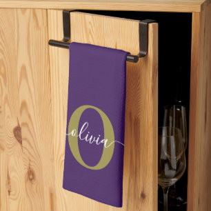Customised Monogram Script Name Purple White Gold Tea Towel