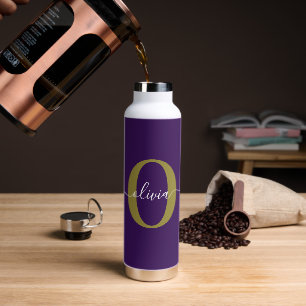 Customised Monogram Script Name Purple White Gold Water Bottle