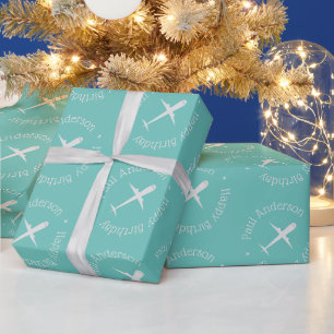 Customised Name Aeroplane Kids Happy Birthday Teal Wrapping Paper