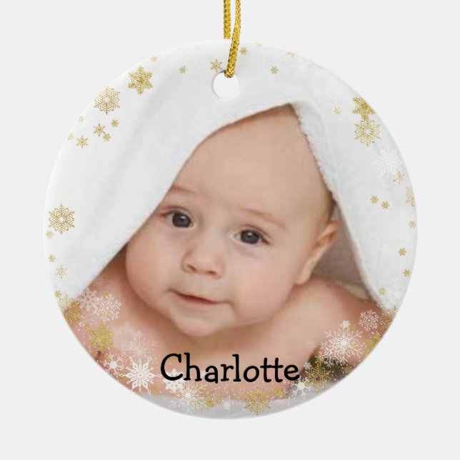 Customised Name and Photo Round Snowflake Ceramic Tree Decoration (Front)