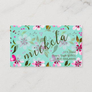 Customised Name Aqua and Pink Floral Watercolor Business Card