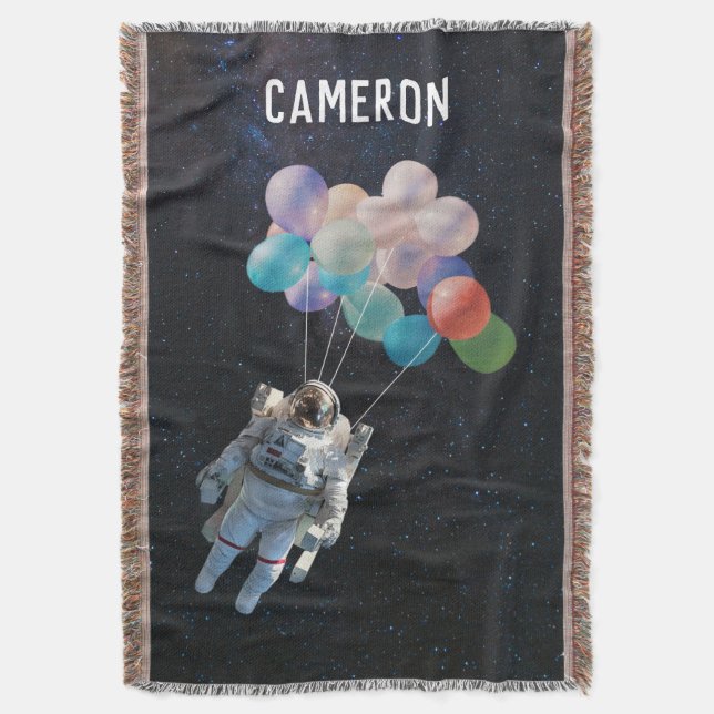 Customised Name Astronaut Stars & Space Balloons Throw Blanket (Front Vertical)