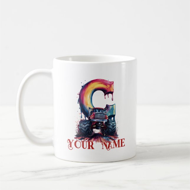  Customised Name 'C' Mud Splatter Monstrous Truck Coffee Mug (Left)
