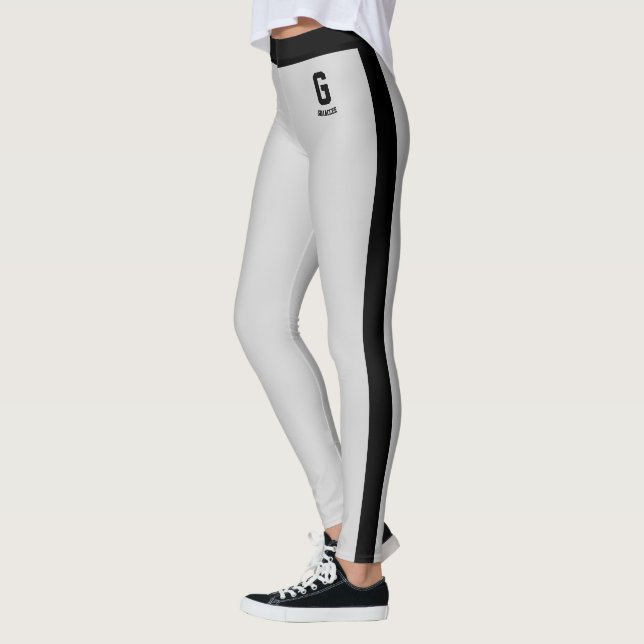 Customised Name Cute Silver Black Stripes Monogram Leggings (Left)