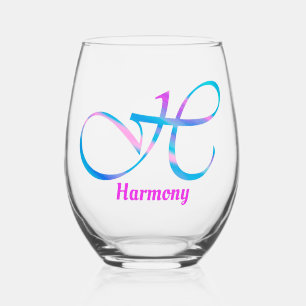 Customised Name Monogram "H" Abstract Spring Pink Stemless Wine Glass