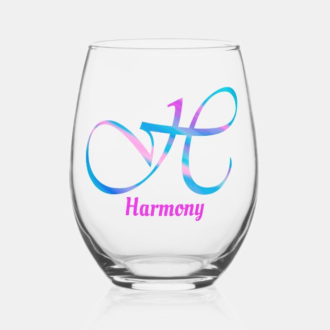 Customised Name Monogram "H" Abstract Spring Pink Stemless Wine Glass (Front)