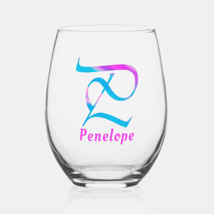 Customised Name Monogram "P" Abstract Spring pink Stemless Wine Glass