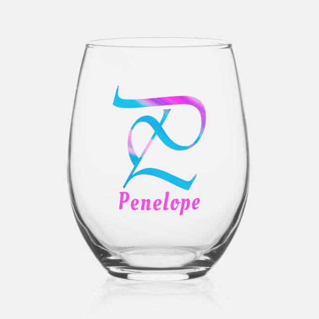 Customised Name Monogram "P" Abstract Spring pink Stemless Wine Glass (Front)