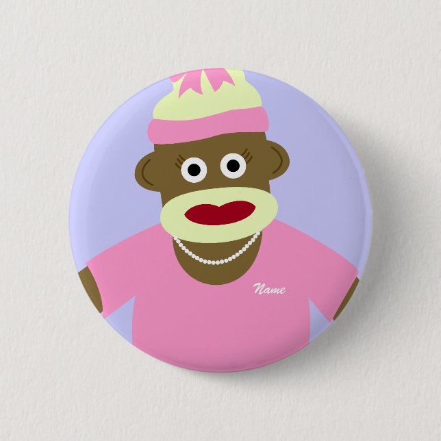 Customised Name or Monogram Sock Monkey Girl 6 Cm Round Badge (Front)