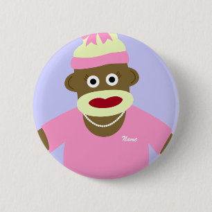 Customised Name or Monogram Sock Monkey Girl 6 Cm Round Badge