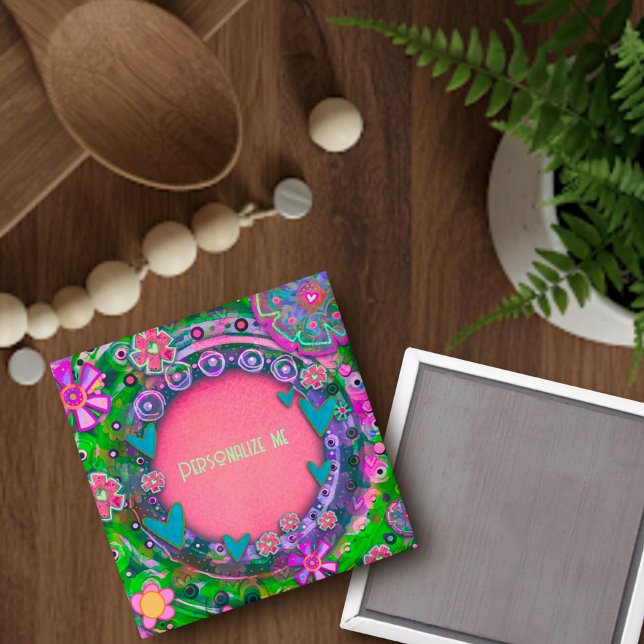 Customised Name or Word Pretty Pink Green Floral Magnet (Creator Uploaded)