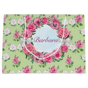 Customised Name Pink And White Roses Large Gift Bag