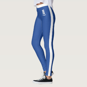 Customised Name White Royal Blue Monogram Stripes Leggings
