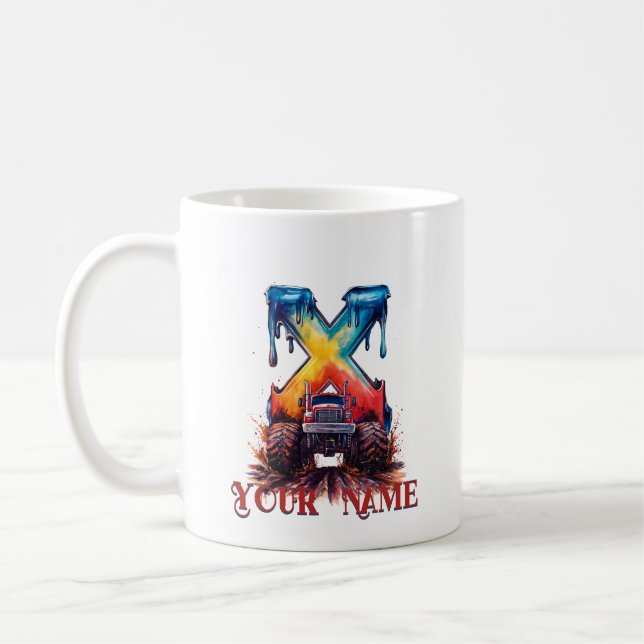  Customised Name 'X' Mud Splatter Monstrous Truck Coffee Mug (Left)