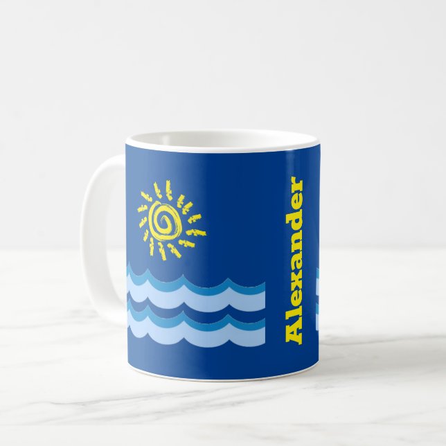 Customised Name Yellow Sun Blue Waves Coffee Mug (Front Left)