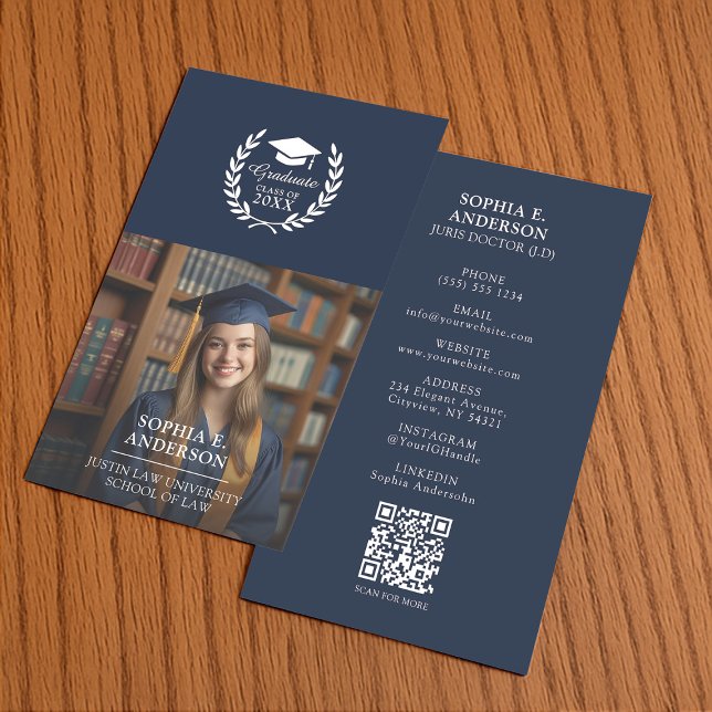 Customised Navy Blue Graduate Photo QR Name Calling Card (Creator Uploaded)