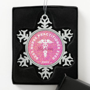 Customised Nurse Practitioner NP Graduation Pink Snowflake Pewter Christmas Ornament