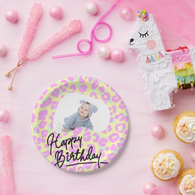 customised Pastel Leopard Print Happy Birthday Paper Plate (Party)