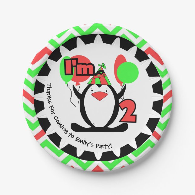 Customised Penguin 2nd Birthday Paper Plate (Front)