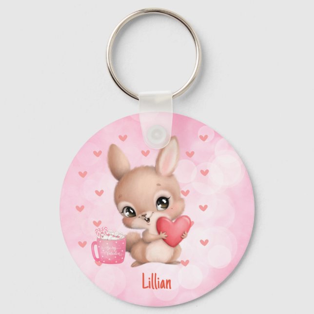 Customised Personalised Cute Rabbit Pink Love Key Ring (Front)