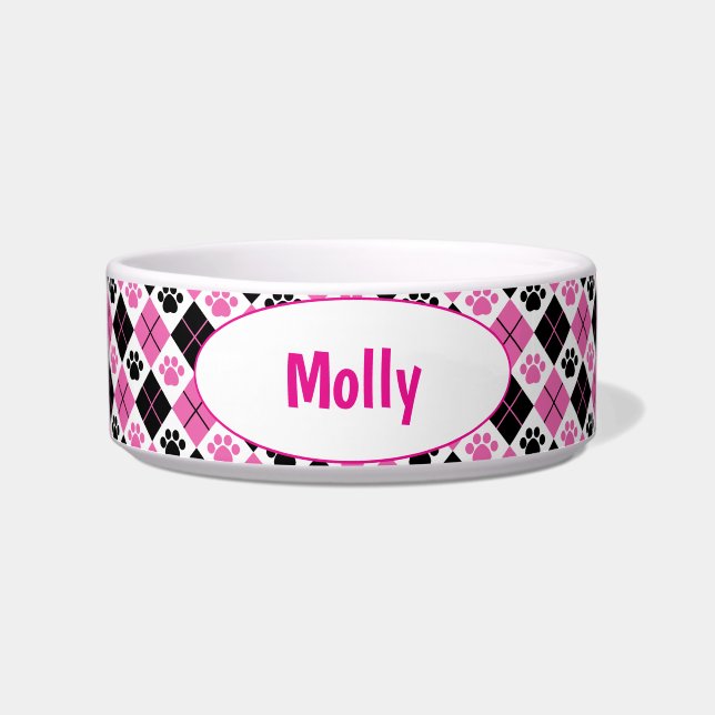 Customised Pink & Black Argyle Paw Print Bowl (Front)