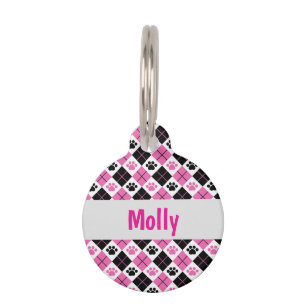 Customised Pink & Black Argyle Paw Print Pet Tag