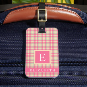 Customised Pink Peach Green Chequered Pattern Luggage Tag