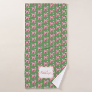 Customised Pink Poodle on Green  Bath Towel