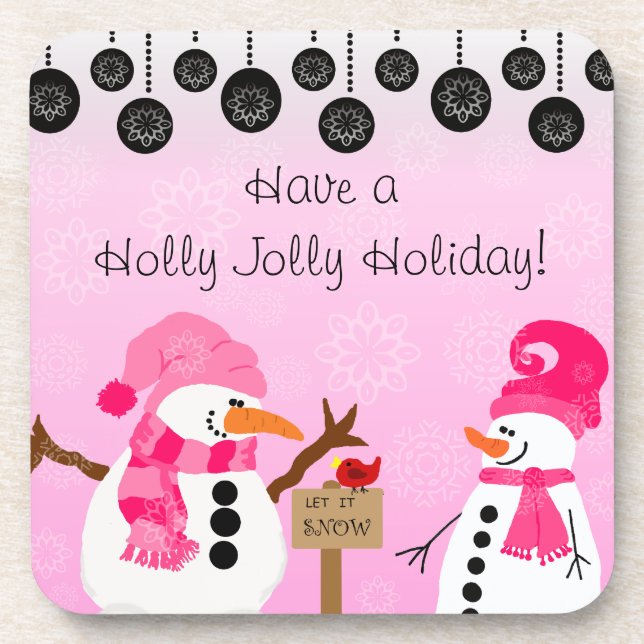 Customised Pink Snowmen Coasters (Front)