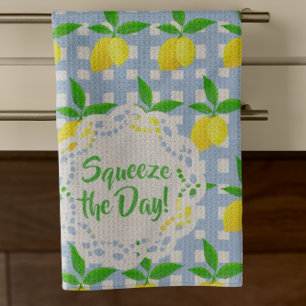 Customised Preppy Yellow Lemons Blue White Check Tea Towel