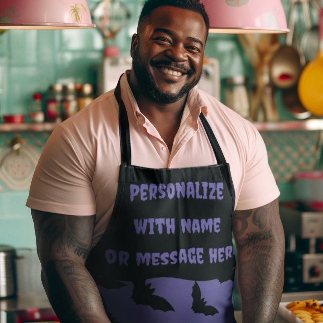 Customised Purple and Black Bat Halloween  Apron (Customize this spooky purple bat Halloween apron with your own clever message!)