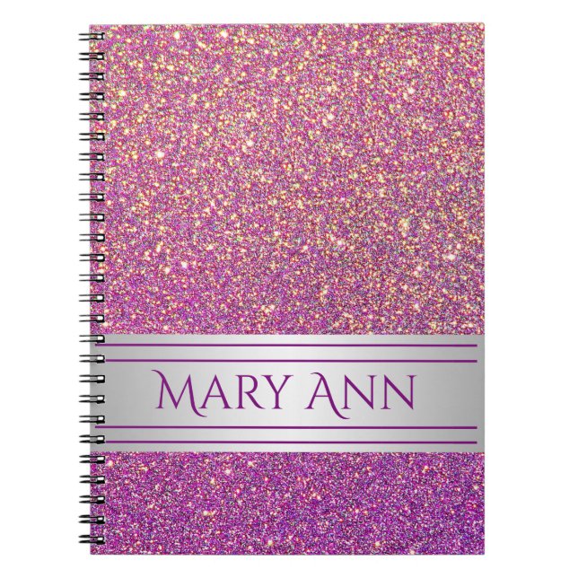 Customised Purple Confetti Glitter Faux Sparkling Spiral Notebook (Front)