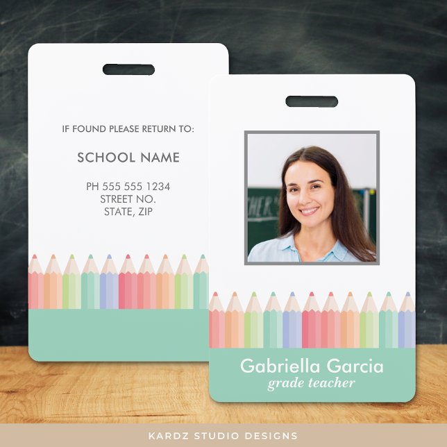 Customised Rainbow School Teacher ID badge (Teacher photo badge, school staff id bagde in soft green with colorful rainbow pencils.)