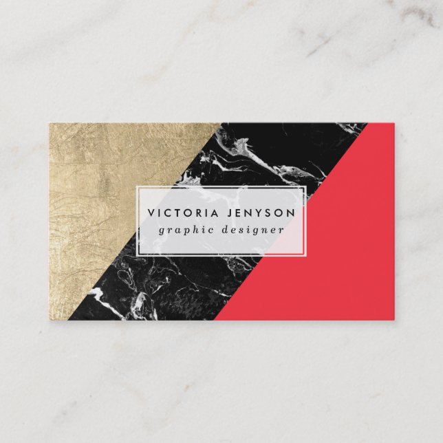 Customised red black marble gold foil colour block business card (Front)