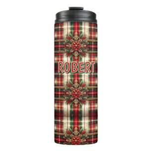 Customised Red Green Gold Festive Plaid  Thermal Tumbler