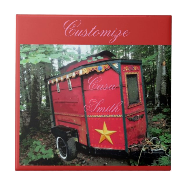 Customised Red Gypsy tiny caravan On caravan Tile (Front)