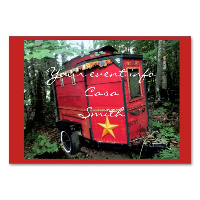 Customised Red Gypsy tiny caravan Table Number (Front)