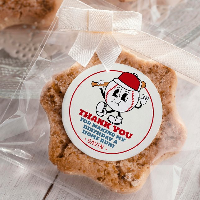 Customised Retro Baseball Birthday Party Thank You Classic Round Sticker (Creator Uploaded)