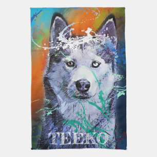 Customised Retro Siberian Husky Kitchen Towel