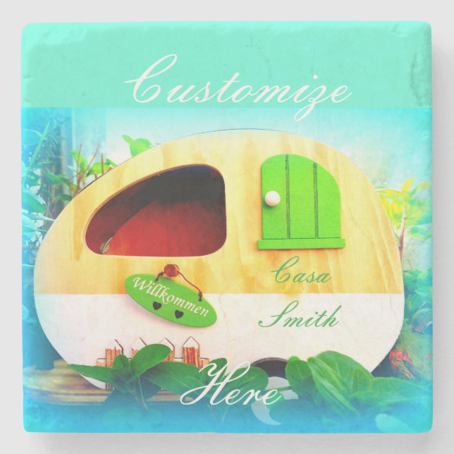 Customised Retro Vintage camper blue Stone Coaster (Front)